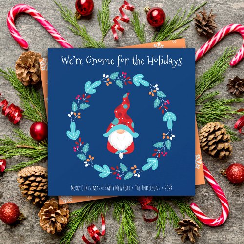 Gnome for Holidays Cute Elf Floral Wreath Blue Holiday Card