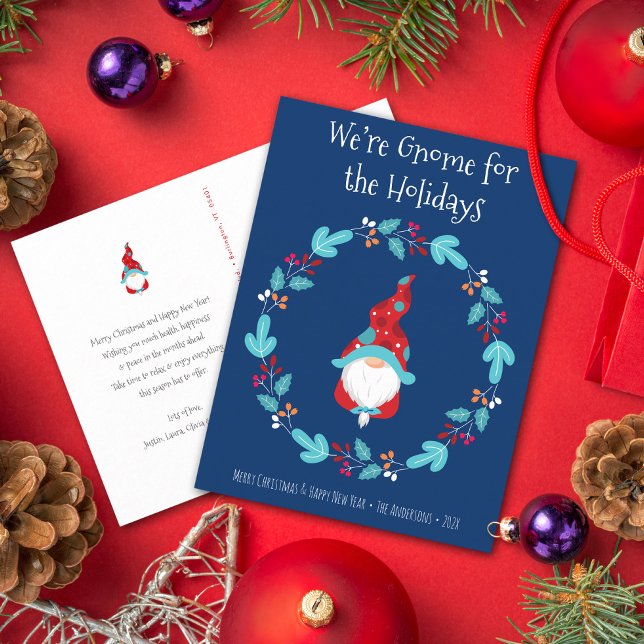 Gnome for Holidays Cute Elf Floral Wreath Blue Holiday Postcard (Creator Uploaded)