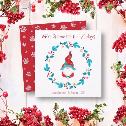 Gnome for Holidays Cute Fun Elf Floral Wreath Holiday Card