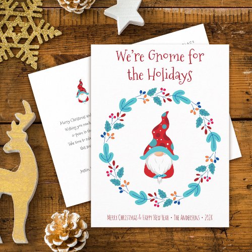 Gnome for Holidays Cute Fun Elf Floral Wreath Holiday Postcard