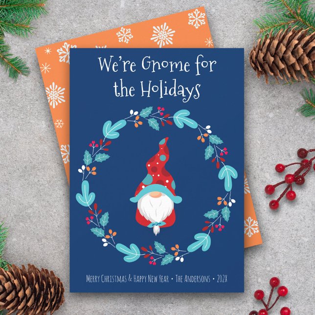 Gnome for Holidays Floral Wreath Cute Elf Blue Holiday Card (Creator Uploaded)