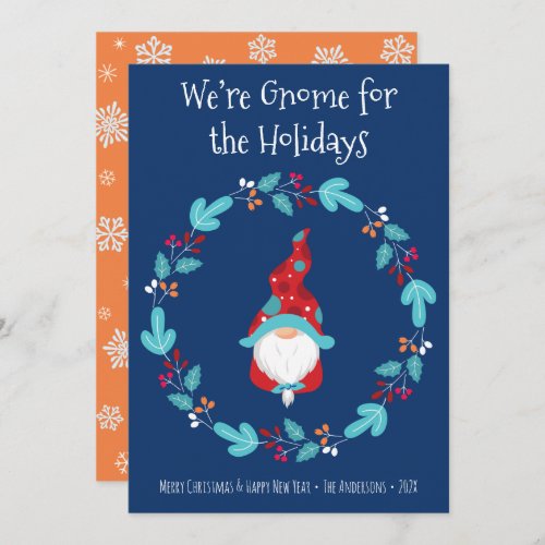 Gnome for Holidays Floral Wreath Cute Elf Blue Holiday Card