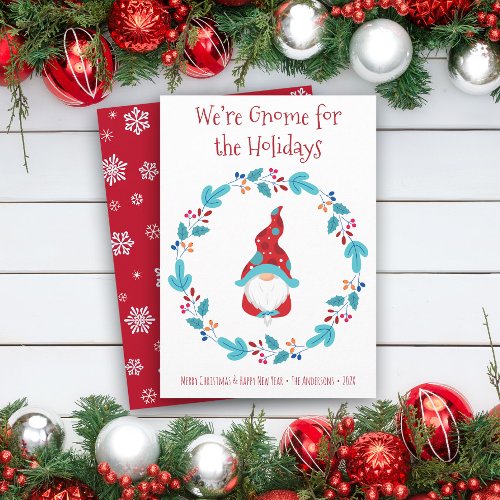 Gnome for Holidays Fun Cute Elf Floral Wreath Holiday Card