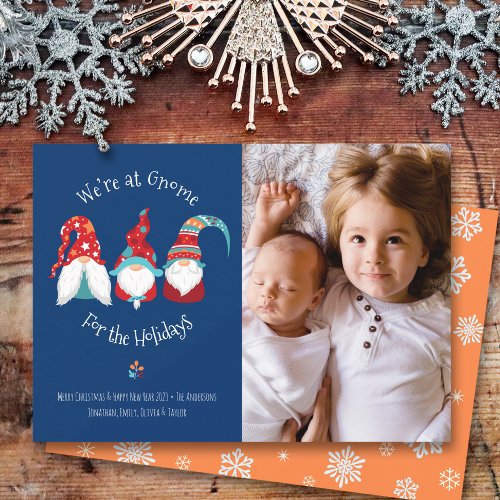 Gnome for Holidays Photo Fun Typography Elf Blue Holiday Card