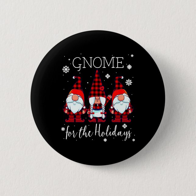 Gnome for the Holidays Buffalo Plaid 3 Gnomes Button (Front)