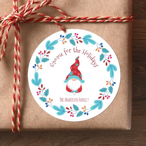 Gnome for the Holidays Cute Modern Floral Wreath Classic Round Sticker