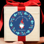 Gnome for the Holidays Modern Floral Wreath Blue Classic Round Sticker<br><div class="desc">“Gnome for the holidays.” A cute, fun, whimsical gnome in red and dusty blue along with a Scandinavian designed dusty blue, red and orange floral wreath overlaying a navy blue background will delightfully help decorate your envelopes for Christmas. Feel the warmth and joy of the holiday season whenever you use...</div>