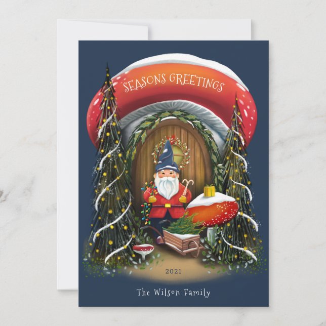 Gnome for the Holidays Red and Blue Non-Photo Holiday Card (Front)