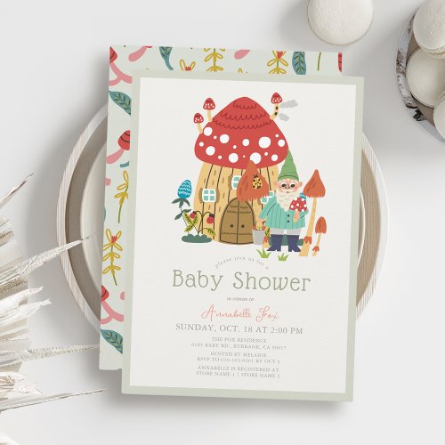 Gnome Garden Mushroom Green Boy Baby Shower Invitation