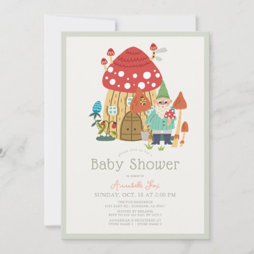 Gnome Garden Mushroom Green Boy Baby Shower Invitation