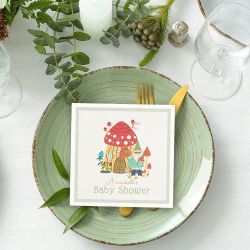 Gnome Garden Mushroom Green Boy Baby Shower Napkins