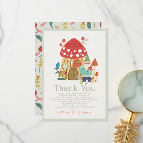 Gnome Garden Mushroom Green Boy Baby Shower Thank You Card