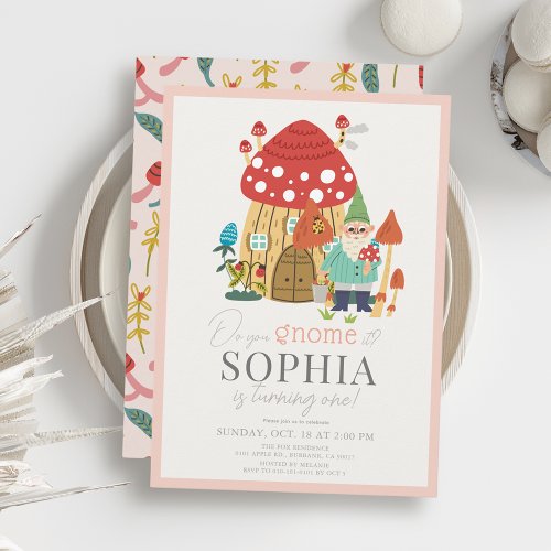 Gnome Garden Mushroom Pink 1st Birthday Invitation