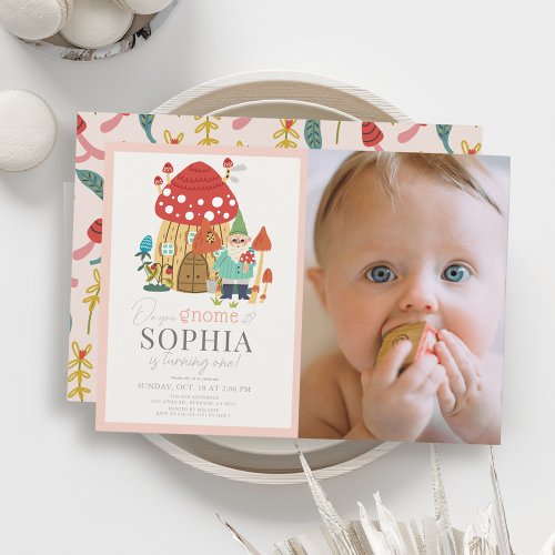 Gnome Garden Mushroom Pink 1st Birthday Photo Invitation