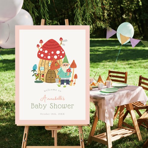 Gnome Garden Mushroom Pink Baby Shower Welcome Foam Board