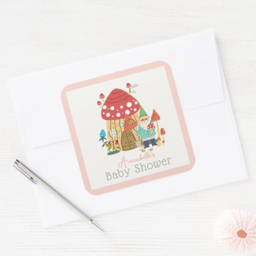 Gnome Garden Mushroom Pink Girl Baby Shower Square Sticker