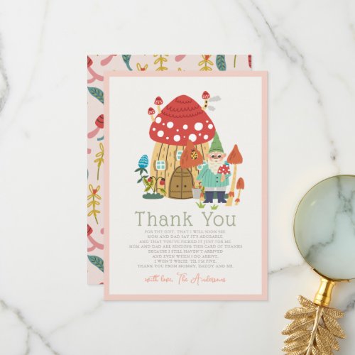 Gnome Garden Mushroom Pink Girl Baby Shower Thank You Card