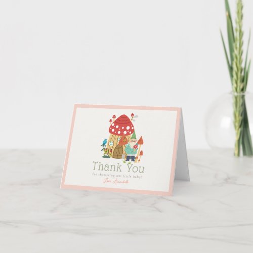 Gnome Garden Mushroom Pink Girl Baby Shower Thank You Card