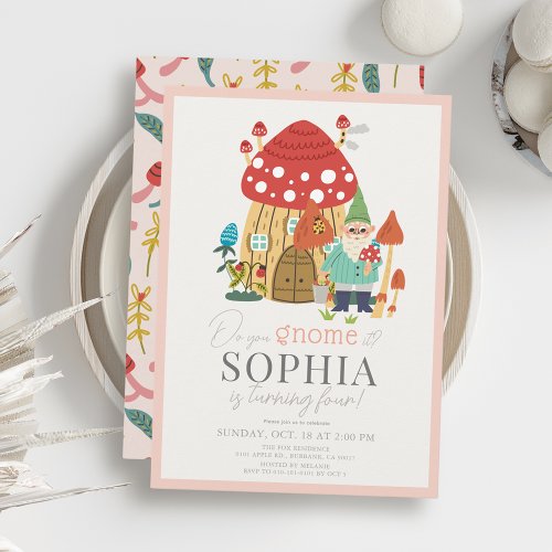 Gnome Garden Mushroom Pink Girl Birthday Invitation