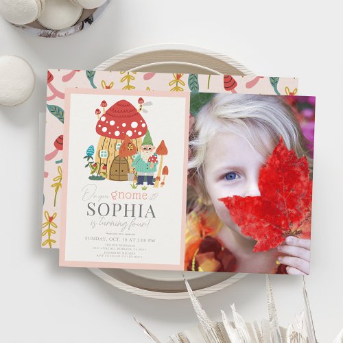 Gnome Garden Mushroom Pink Girl Birthday Photo Invitation