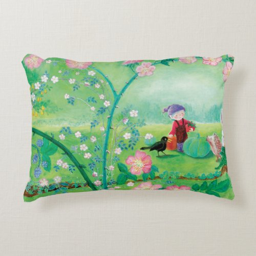 Gnome gardener Blackbird Hedgehog  white Rabbit Accent Pillow