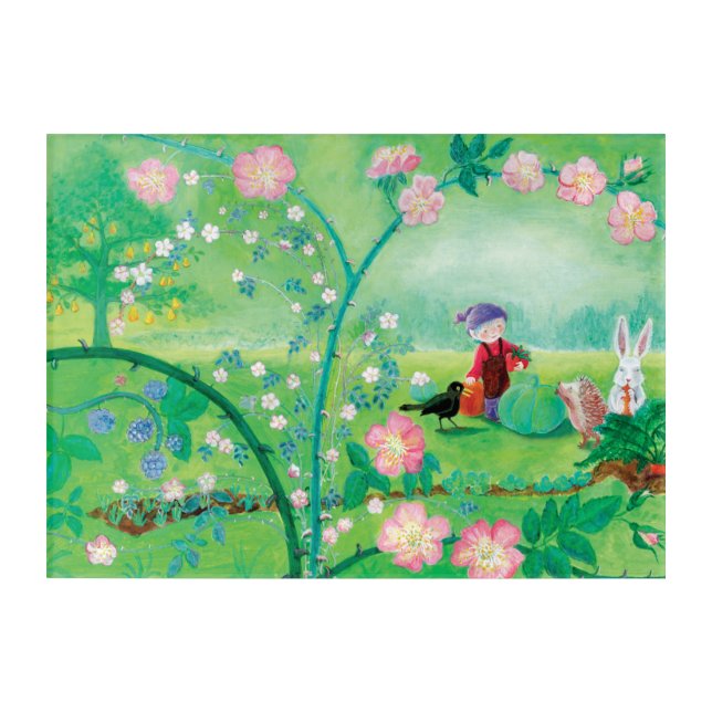 Gnome gardener, Blackbird, Hedgehog & white Rabbit Acrylic Print (Front)