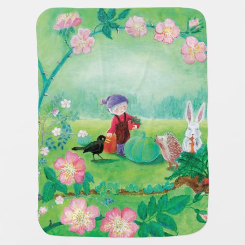 Gnome gardener Blackbird Hedgehog  white Rabbit Baby Blanket