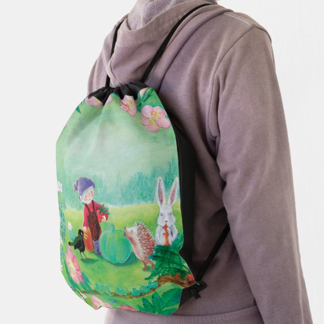 Gnome gardener, Blackbird, Hedgehog & white Rabbit Drawstring Bag (Insitu)