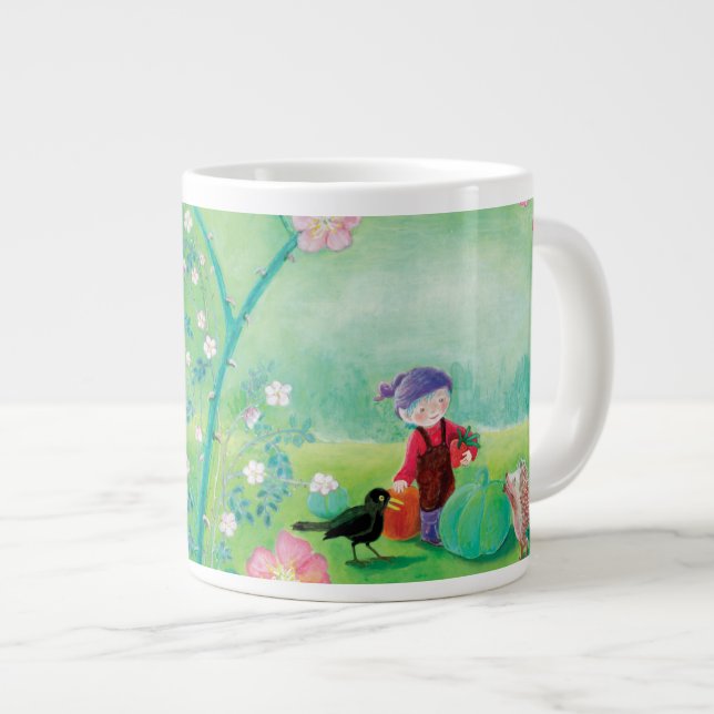 Gnome gardener, Blackbird, Hedgehog & white Rabbit Giant Coffee Mug (Front Right)