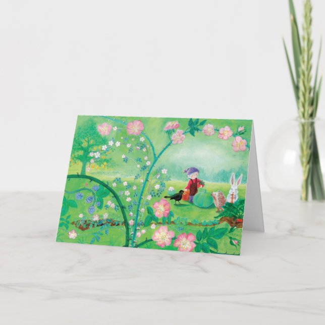 Gnome gardener, Blackbird, Hedgehog & white Rabbit Holiday Card (Front)
