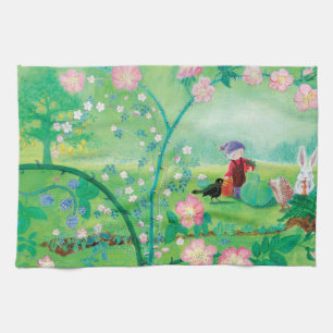 Gnome gardener, Blackbird, Hedgehog & white Rabbit Kitchen Towel