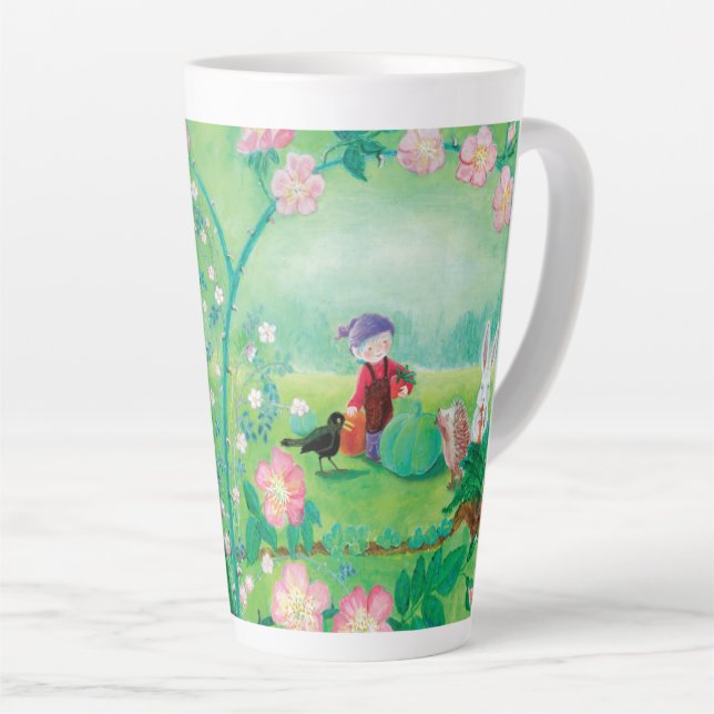 Gnome gardener, Blackbird, Hedgehog & white Rabbit Latte Mug (Right Angle)