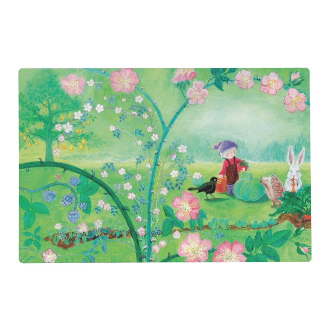 Gnome gardener, Blackbird, Hedgehog & white Rabbit Placemat (Front)