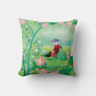 Gnome gardener, Blackbird, Hedgehog & white Rabbit Throw Pillow