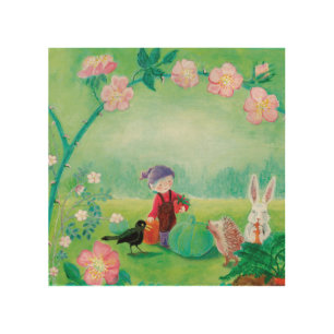 Gnome gardener, Blackbird, Hedgehog & white Rabbit Wood Wall Art