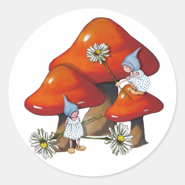 Gnome Girl on Toadstool, Daisies, Fantasy Art Classic Round Sticker (Front)