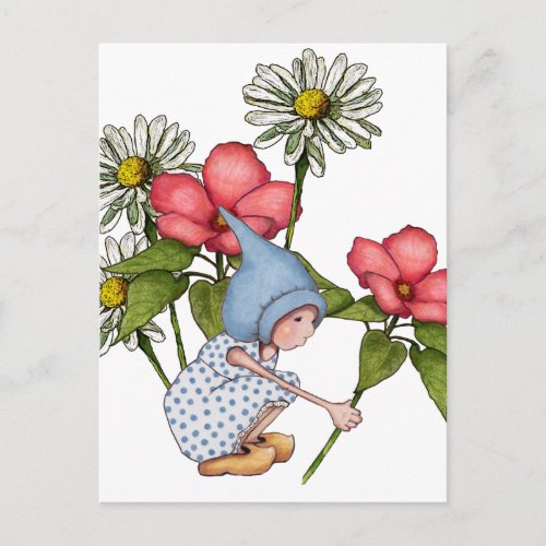 Gnome Girl Picking Flowers Fanstasy Art Postcard