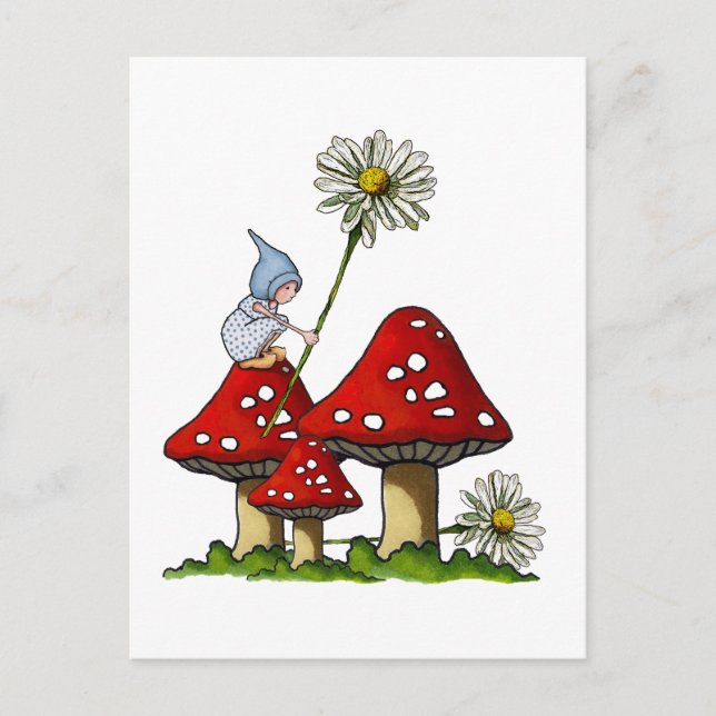 Gnome Girl, Toadstool, Daisies, Fanstasy Art Postcard (Front)