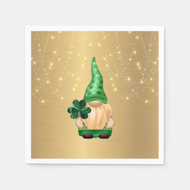 Gnome Gold Lights Shamrock St Patricks Day Napkins (Front)