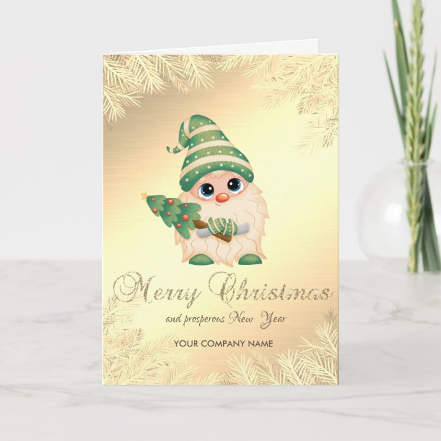 Gnome,Gold Pine Tree Branches ,Corporate Holiday Card (Front)