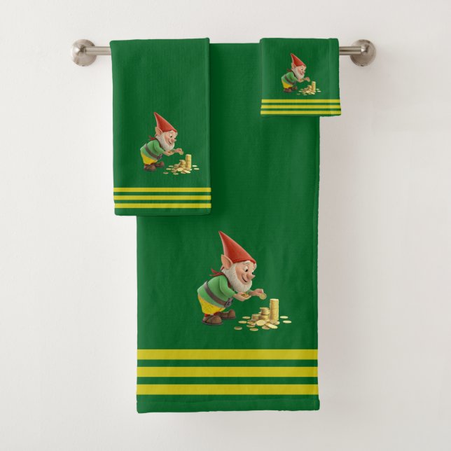 Gnome & Gold, Three Stripes on Forest Green  Bath Towel Set (Insitu)