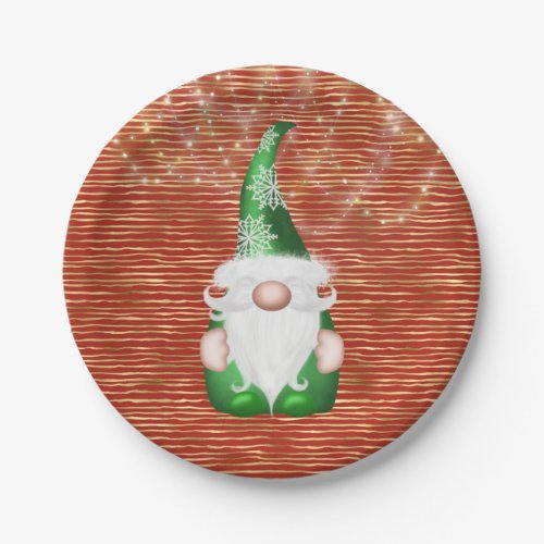 Gnome Green White Lights Christmas Paper Plates
