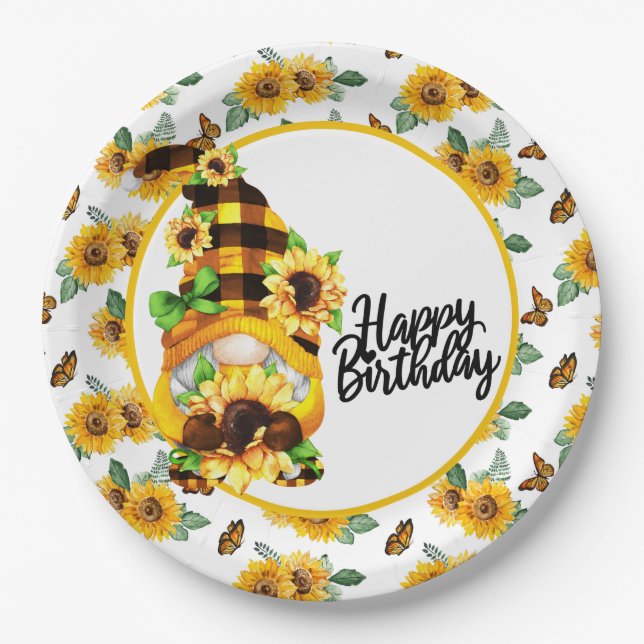 Gnome Happy Birthday Sunflower Paper Plates (Front)