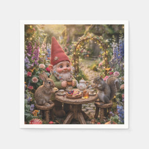Gnome Having Tea Party with Bunny and Squirrel Napkins
