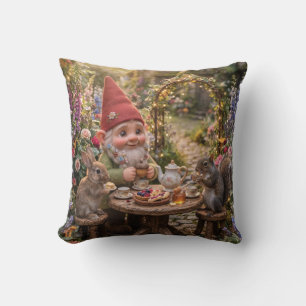 Gnome Having Tea Party with Bunny and Squirrel Throw Pillow
