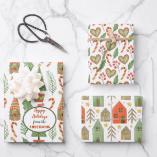 Gnome Heart Village Christmas Pattern Wrapping Paper Sheets