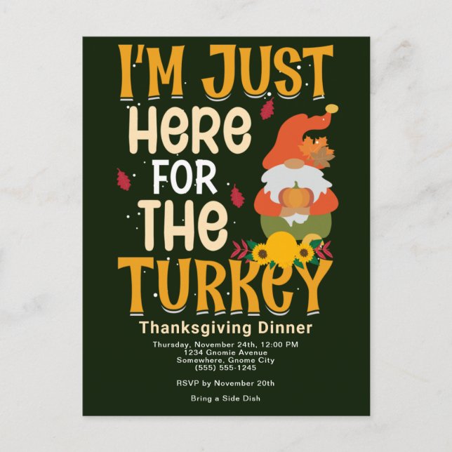 Gnome Here For Turkey Thanksgiving Dinner Postcard (Front)