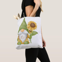 Gnome Holding a Sunflower and Notes on a Tote Bag
