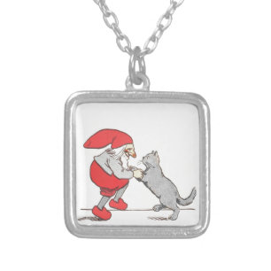 Gnome Holding Cat Paws Silver Plated Necklace