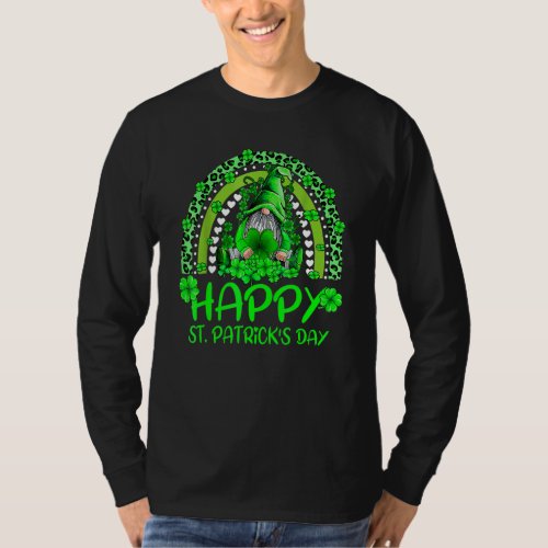 Gnome Holding Lucky Shamrock Rainbow Leopard St Pa T_Shirt